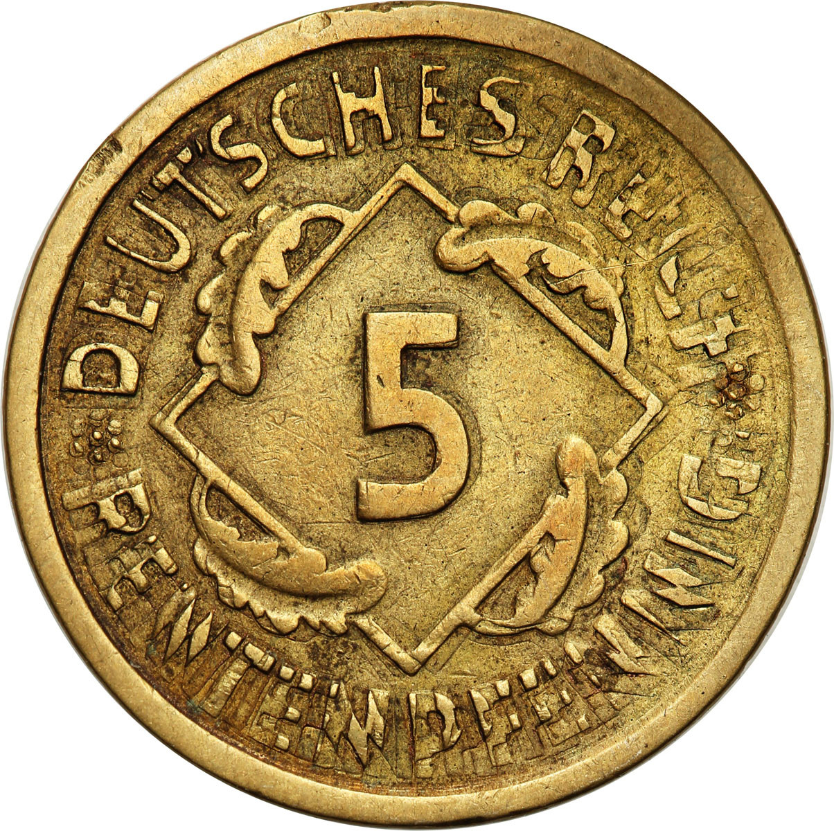 Niemcy, Republika Weimarska. 5 fenigów 1924 A, Berlin, DESTRUKT - podwójne bicie